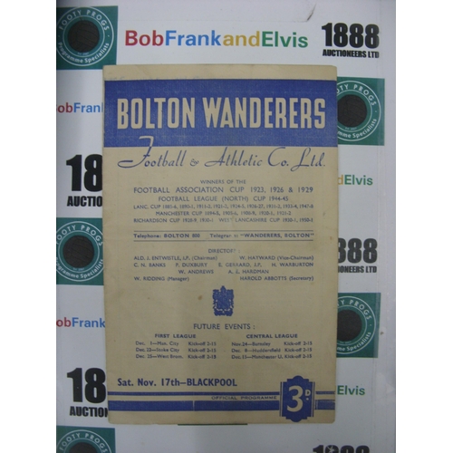 275 - BOLTON WANDERERS, 1951/1952, a football programme from the game versus Blackpool, played on 17/11/19... 