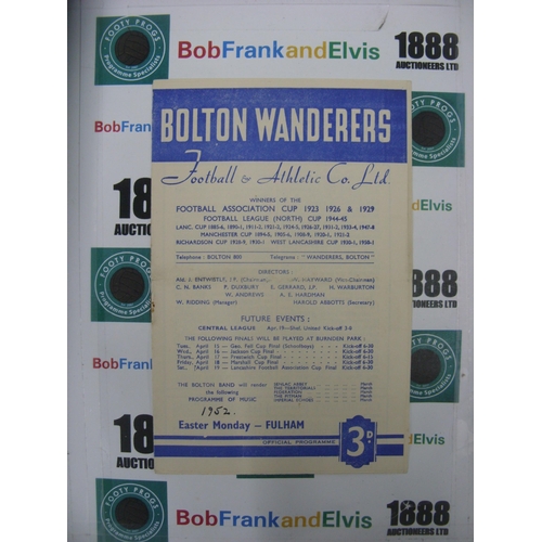 279 - BOLTON WANDERERS, 1951/1952, a football programme from the game versus Fulham, played on 14/04/1952 ... 