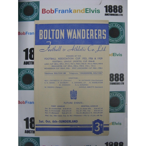 287 - BOLTON WANDERERS, 1951/1952, a football programme from the game versus Sunderland, played on 06/10/1... 