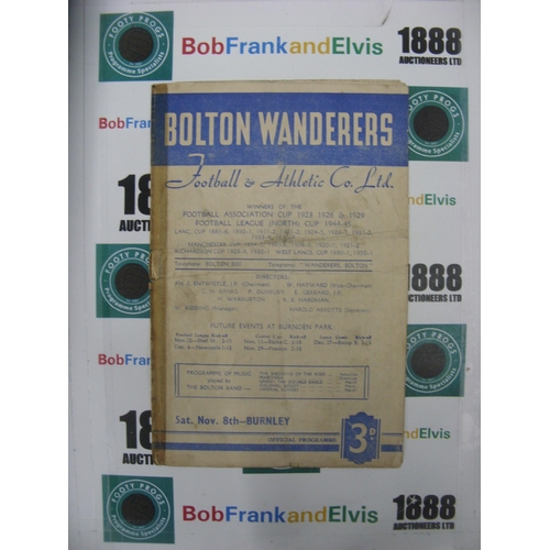 292 - BOLTON WANDERERS, 1952/1953, a football programme from the game versus Burnley, played on 08/11/1952... 