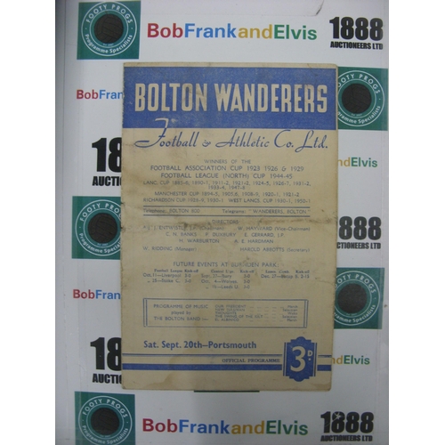 298 - BOLTON WANDERERS, 1952/1953, a football programme from the game versus Portsmouth, played on 20/09/1... 