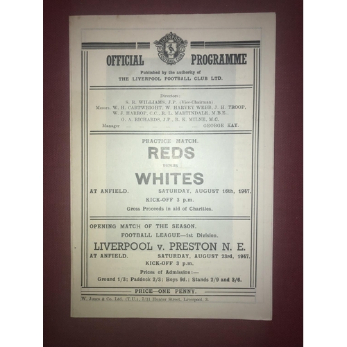 139 - AT LIVERPOOL, 1947/1948, a football programme from the fixture Reds v Whites [Practice Match], playe... 