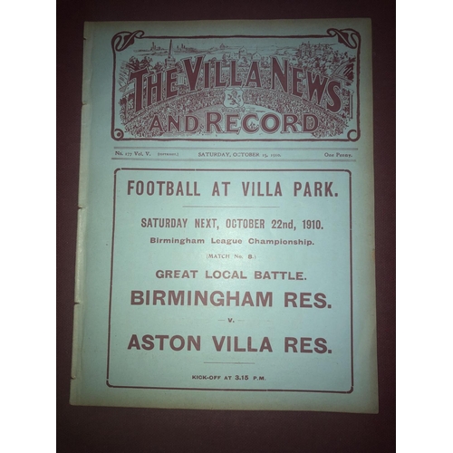 65 - ASTON VILLA, 1910/1911, a football programme from the game versus Manchester City, played on 15/10/1... 