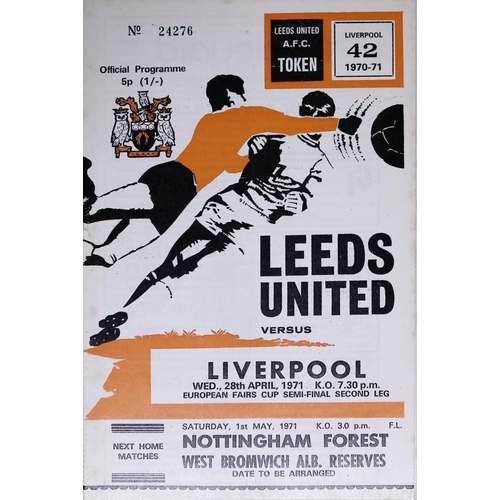 3 - FOOTBALL PROGRAMME, 28/04/1971 European Fairs Cup Semi-Final - Leeds United v Liverpool (very minor ... 