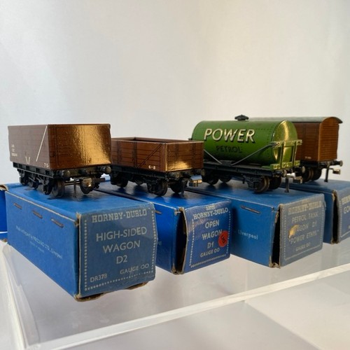 10 - Hornby Dublo wagons to include High-sided Wagon D2 LMS, Petrol tank wagon D1 'Power Ethyl', Open wag... 