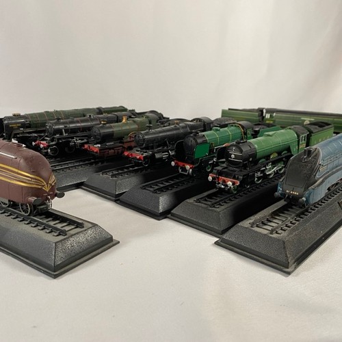 147 - Nine mounted Amercom 1/76 scale model steam locomotives, not motorised, including 928 Stowe, 4472 Fl... 