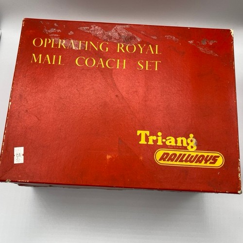 132 - Two Triang R23 Operating Royal Mail Coach set, includes three coaches, many advertising signs, appea... 