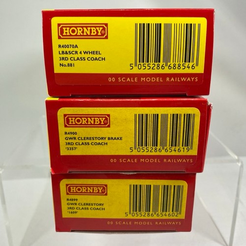 149 - Three Hornby boxed coaches OO gauge, Hornby R4899 GWR Clerestory 3rd Class Coach '1609', Hornby R490... 