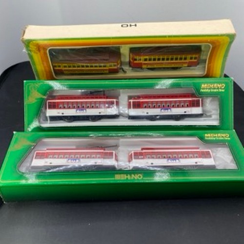 349 - 3 motorized electric trolley trams HO Gauge - Mehano hobby train line Brill Trolley T033/28473 YTT Y... 