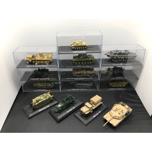 542 - 11 highly detailed Altaya (one without case) and 3 Amercom (no cases) military vehicles and tanks - ... 