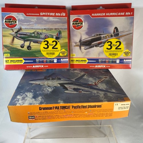 556 - Three 1:72 scale plastic unbuilt model kits, appear complete, Airfix Spitfire 02046G, Airfix Hawker ... 