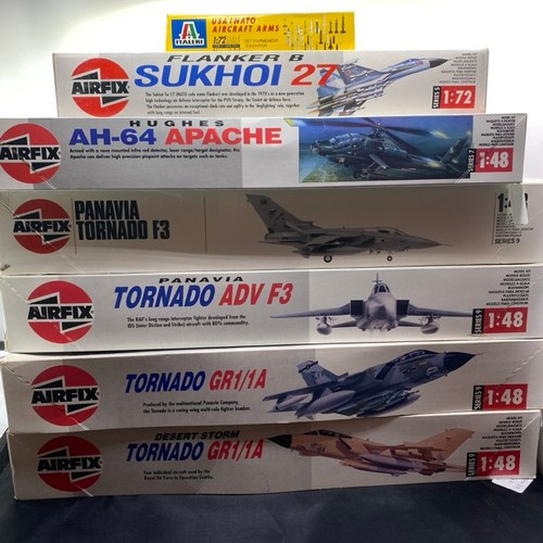 557 - Six Airfix aviation kits and an Italeri USA/NATO aircraft arms (near complete), Airfix 05025 Flanker... 