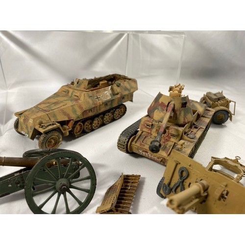 555 - 6 Kit-built plastic tanks & military vehicles and three guns, nicely built and decorated, few loose ... 