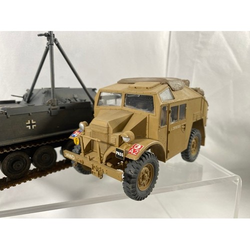 555 - 6 Kit-built plastic tanks & military vehicles and three guns, nicely built and decorated, few loose ... 