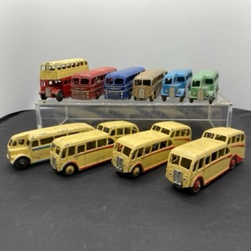 565 - Ten Dinky Toys Bus and Coaches, Dinky Toys 29c Double Decker Bus Red/Cream Owner name etched on base... 