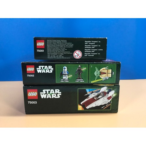 671 - Three Lego Star Wars sets, 75001 Republic troopers vs Sith troopers, 75002 AT-RT and 75003 A-Wing st... 