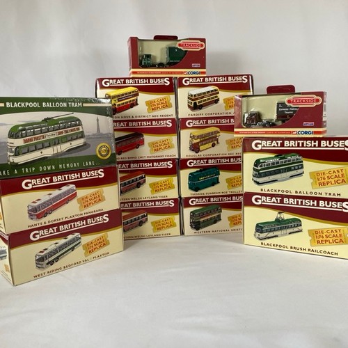 8 - 15 1:76 scale trams/buses and two commercial vehicles, Great British Buses boxed (12), sealed Blackp... 