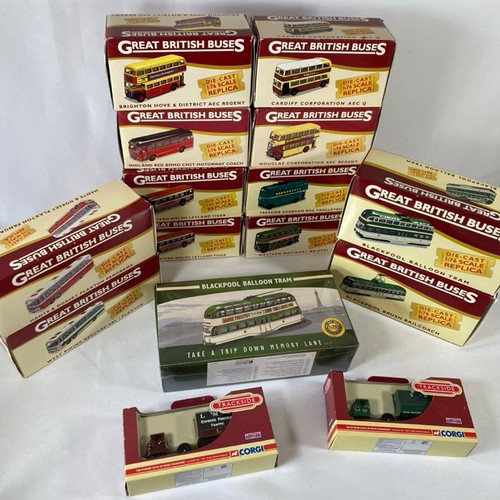 8 - 15 1:76 scale trams/buses and two commercial vehicles, Great British Buses boxed (12), sealed Blackp... 