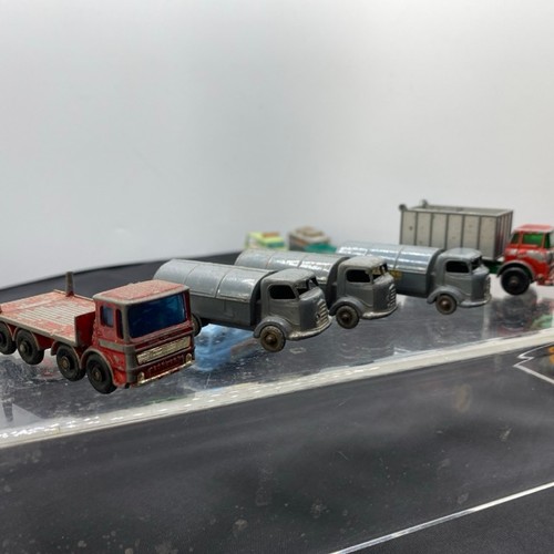 12 - 28 die-cast play-worn Lesney vehicles, plus two petrol pumps, also Mighty Midget Benbros milk cart (... 