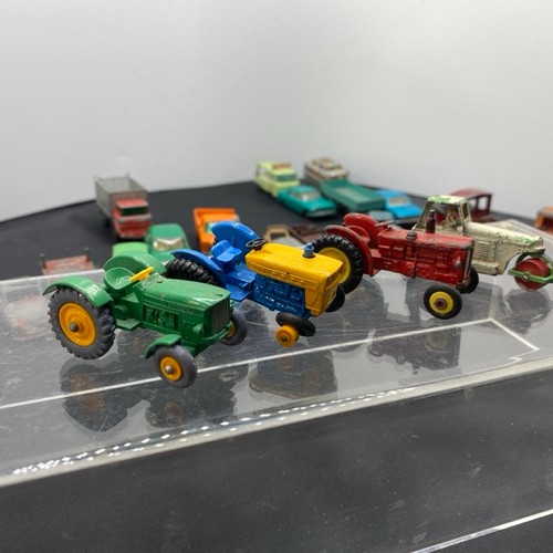 12 - 28 die-cast play-worn Lesney vehicles, plus two petrol pumps, also Mighty Midget Benbros milk cart (... 