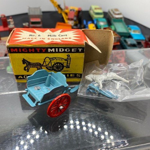 12 - 28 die-cast play-worn Lesney vehicles, plus two petrol pumps, also Mighty Midget Benbros milk cart (... 