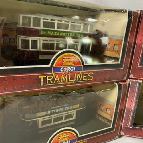 17 - 4 Corgi Tramlines 1:72 Trams, Croydon Corporation Tramways double-deck open 'Liptons Tea', Q991/7 Na... 