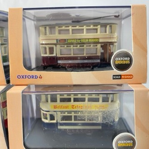 18 - 6 Oxford Omnibus Diecast N-Gauge trams, NTR001 London Transport Tram, NTR002 Birmingham Tram, NTR003... 