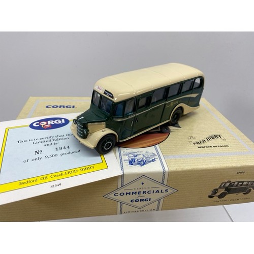 20 - Three Corgi Commercial Coaches, The Fred Bibby Bedford OB Coach (97106)(2) and The RW Carney AEC Reg... 