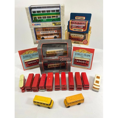 21 - Buses Galore - 8 boxed/carded plus another 13 play-worn buses/trams, includes boxed Corgi Cardiff Me... 