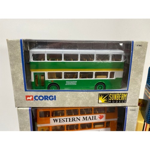 21 - Buses Galore - 8 boxed/carded plus another 13 play-worn buses/trams, includes boxed Corgi Cardiff Me... 