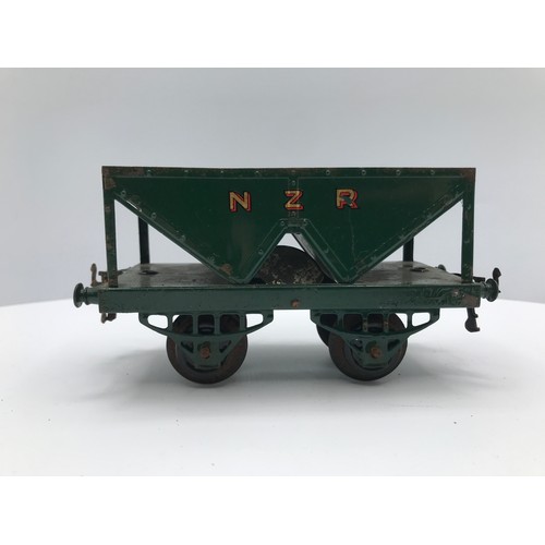 215 - Four Hornby No.1 Wagons, Three NZR and Wakefield Castrol Tanker, NZR Brake Van and NZR Open Wagon in... 