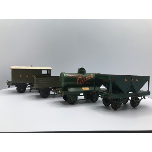 215 - Four Hornby No.1 Wagons, Three NZR and Wakefield Castrol Tanker, NZR Brake Van and NZR Open Wagon in... 