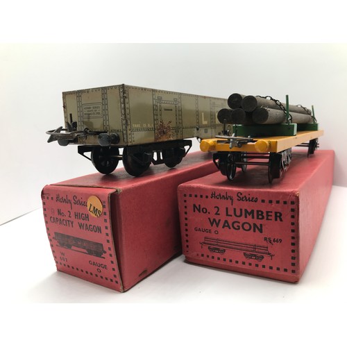 217 - Hornby Series O Gauge No.2 High Capacity Wagon W607 and No.2 Lumber Wagon RS669 both Boxed, Lumber w... 