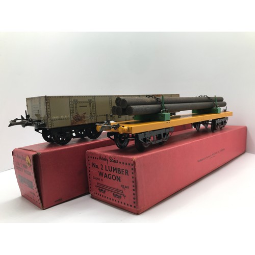 217 - Hornby Series O Gauge No.2 High Capacity Wagon W607 and No.2 Lumber Wagon RS669 both Boxed, Lumber w... 