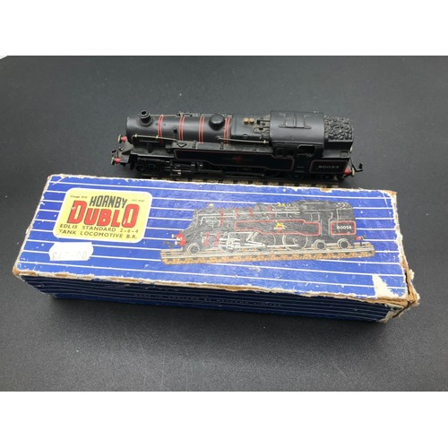 341 - Three Dublo 3-Rail Locomotives, LMS 6917 0-6-2 Tank Un-boxed Tested Runner (Fair), Dublo EDL18 Stand... 