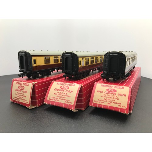 346 - Three Boxed Dublo WR Coaches with Interior Fittings, Hornby-Dublo 4050 Corridor Coach 1st/2nd (2) an... 