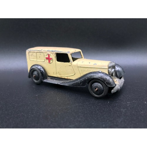 38 - Five Dinky Toys 30F Ambulance (Fair), 34C Loudspeaker Van Blue (Good), 40H Austin Taxi (Fair), 30V N... 