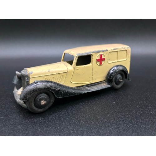 38 - Five Dinky Toys 30F Ambulance (Fair), 34C Loudspeaker Van Blue (Good), 40H Austin Taxi (Fair), 30V N... 