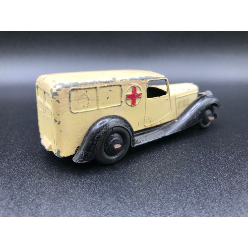 38 - Five Dinky Toys 30F Ambulance (Fair), 34C Loudspeaker Van Blue (Good), 40H Austin Taxi (Fair), 30V N... 