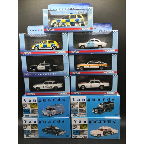 45 - Eleven Lledo Vanguards 1:43 scale Police Vehicles in Boxes, to include VA04104 Thames Valley Constab... 