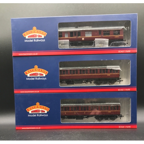 321 - Three Bachmann Branch Line OO Coaches, 39-779 ex-LMS 50' inspection saloon M45035M in BR maroon, 34-... 