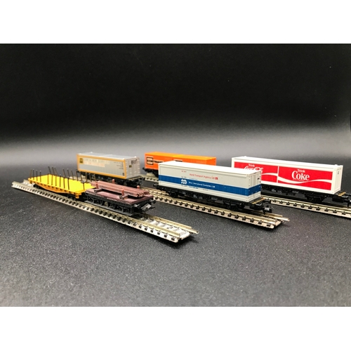 377 - Six 'N' gauge Container and Flat-bed Wagons, Fleischmann (3), Trix (2), Lima (1), 'Ready-to-roll' - ... 