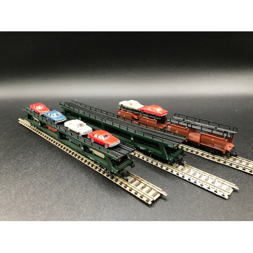 380 - Four 'N' gauge Vehicle Transporters, 8-car Fleischmann (2), 4-car Trix (2), 'Ready-to-roll' - Good (... 