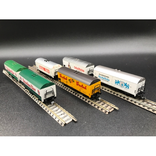 383 - Six 'N' Gauge Continental Beer Wagons, Fleischmann (5), Trix (1), 'Ready-to-roll' - Good (6) 300g