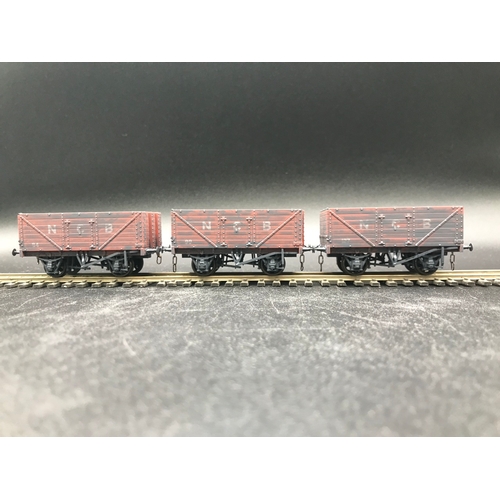 330 - Three pack Oxford Rail NCB 7 Plank Open Wagons, Heavily Dirtied with Coal Remains, 3 Link Couplings,... 