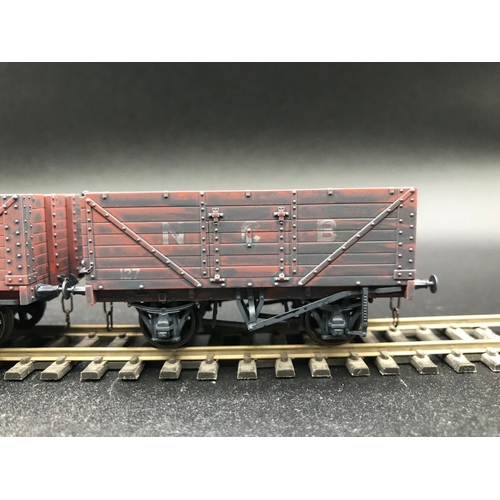 330 - Three pack Oxford Rail NCB 7 Plank Open Wagons, Heavily Dirtied with Coal Remains, 3 Link Couplings,... 