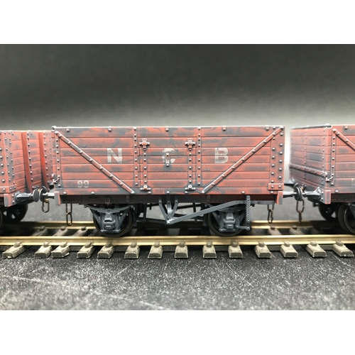 330 - Three pack Oxford Rail NCB 7 Plank Open Wagons, Heavily Dirtied with Coal Remains, 3 Link Couplings,... 