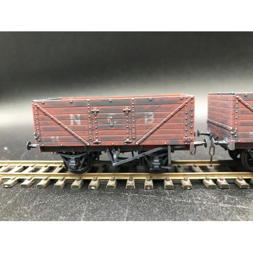 330 - Three pack Oxford Rail NCB 7 Plank Open Wagons, Heavily Dirtied with Coal Remains, 3 Link Couplings,... 