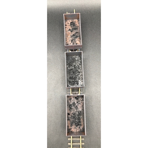 330 - Three pack Oxford Rail NCB 7 Plank Open Wagons, Heavily Dirtied with Coal Remains, 3 Link Couplings,... 