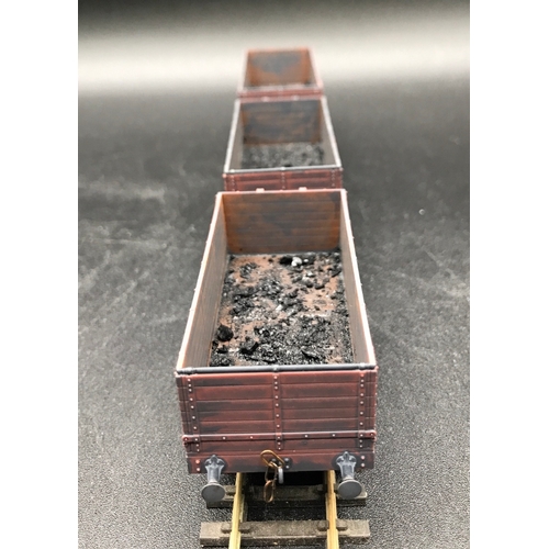 330 - Three pack Oxford Rail NCB 7 Plank Open Wagons, Heavily Dirtied with Coal Remains, 3 Link Couplings,... 